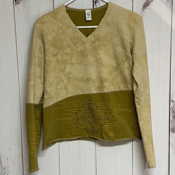 prAna Long-Sleeve V-Neck Women’s Large Olive/Sand Graphic Tee EUC - Picture 1 of 11